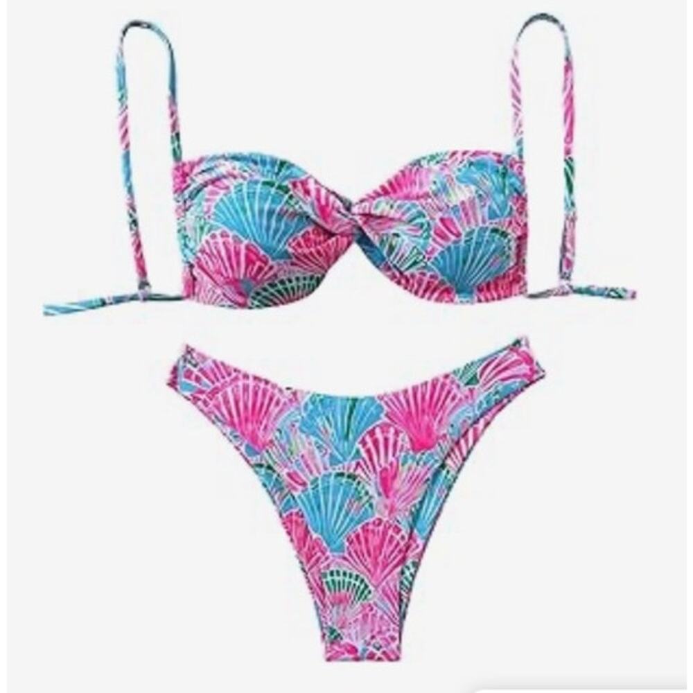 Women Vibrant bikini bathing suit pink teal blue shell front twist swimsuit Sz L